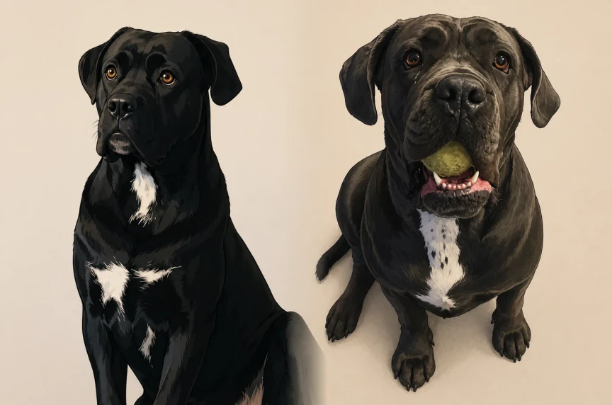 Illustrated portrait of Zico, a black cane corso, sitting beside Messi, a blue cane corso holding a tennis ball