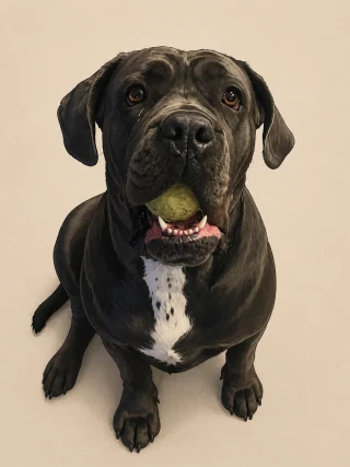 Illustrated portrait of Messi, a blue cane corso, holding a tennis ball