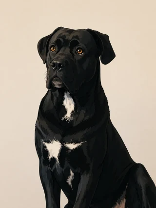 Illustrated portrait of Zico, a black cane corso, sitting upright
